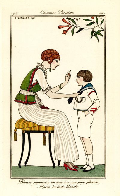 Woman in Japanese silk blouse and long pleated skirt by Georges Barbier