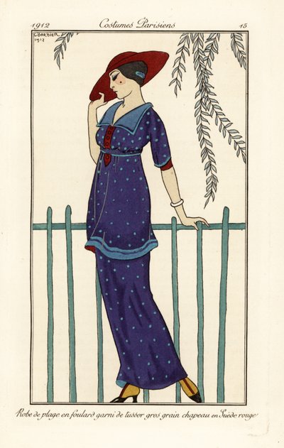 Woman in beach dress of foulard decorated with large dots, red suede hat by Georges Barbier