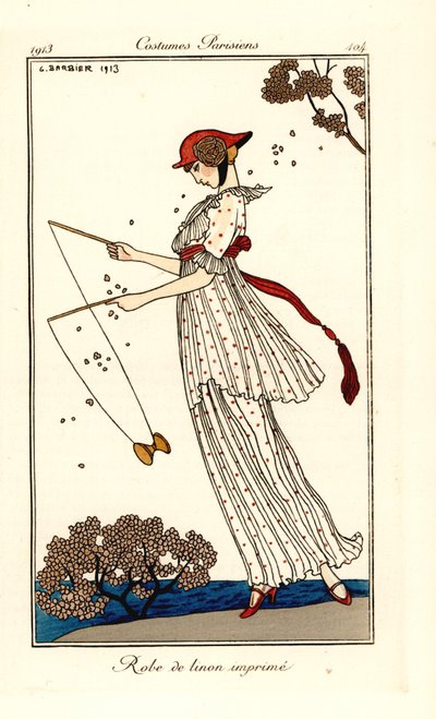 Woman in dress of printed linen playing diabolo by Georges Barbier