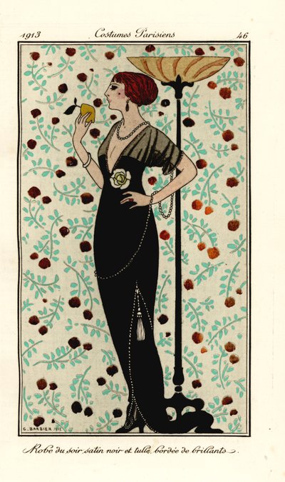 Woman in Evening Gown of Black Satin and Tulle, Edged with Brilliants by Georges Barbier