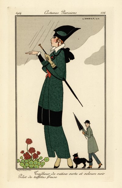 Woman in Green Ratine and Black Velvet Suit by Georges Barbier