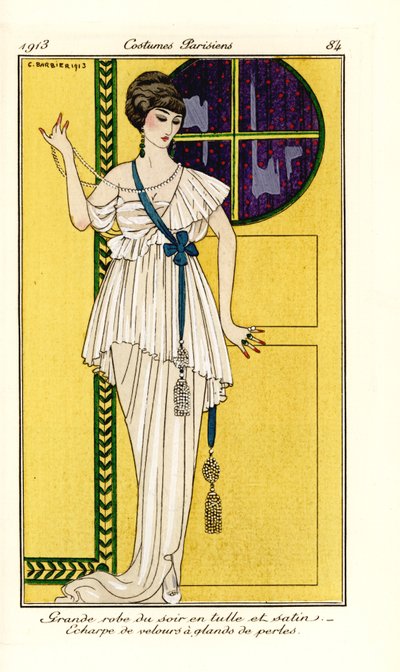 Woman in luxurious evening gown of tulle and satin, green velvet sash with pearl tassel by Georges Barbier