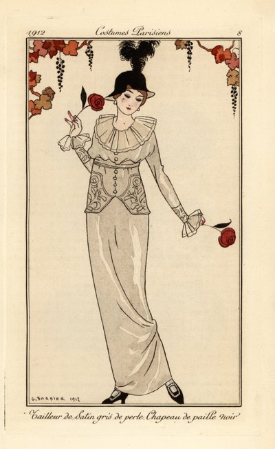 Woman in pearl-grey suit and black straw hat by Georges Barbier