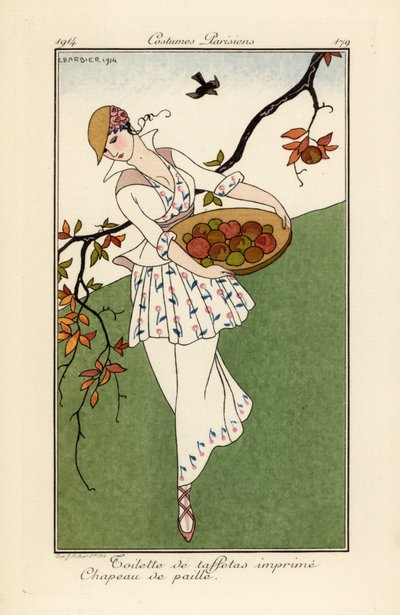 Woman in Straw Hat and Dress of Printed Taffeta by Georges Barbier