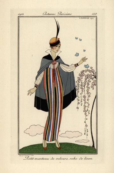 Woman in striped linen dress with short velvet coat by Georges Barbier