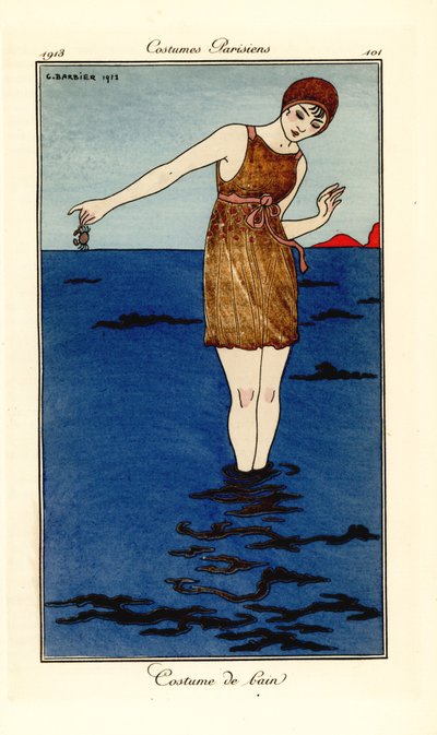 Woman in Swimming Costume Up to Her Ankles in the Sea Holding a Crab by Georges Barbier