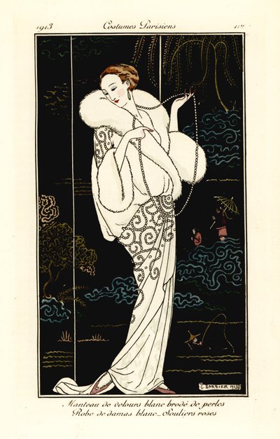 Woman in Velvet Cape, Damask Dress and Pink Slippers by Georges Barbier