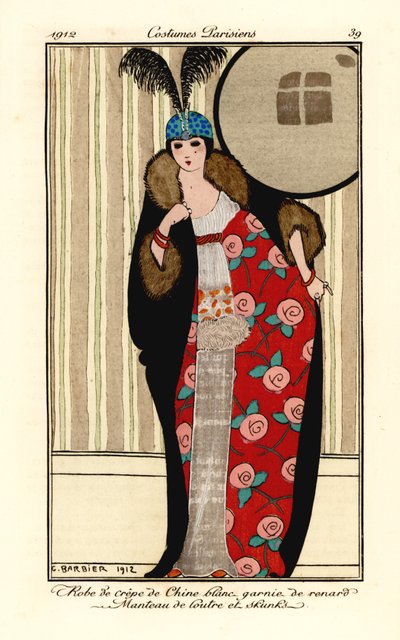 Woman in white crepe de chine dress, cape of otter and skunk fur lined with floral pattern, skull cap with plumes by Georges Barbier