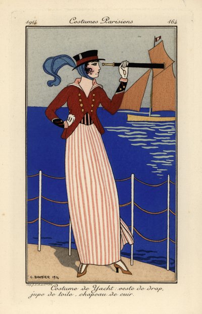 Woman in yachting outfit holding a telescope by Georges Barbier