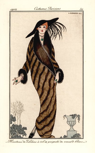 Woman in zibeline coat with collar and cuffs in white fox fur by Georges Barbier