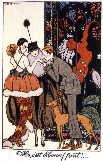Handkissing, Elegance Night in Paris, Engraving 1917 by Georges Barbier