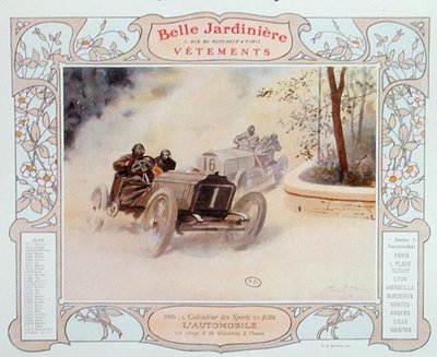 Motor Racing, illustration for June from a calendar for the clothes shop La Belle Jardiniere by Georges Bertin Scott