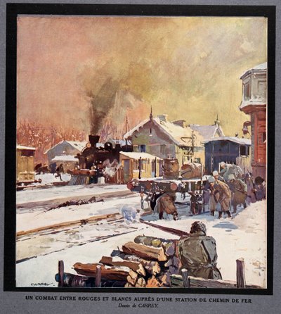 A Fight Between the Red and White Guard at a Railway Station, from Histoire des Soviets, pub. 1922 by Georges Carrey