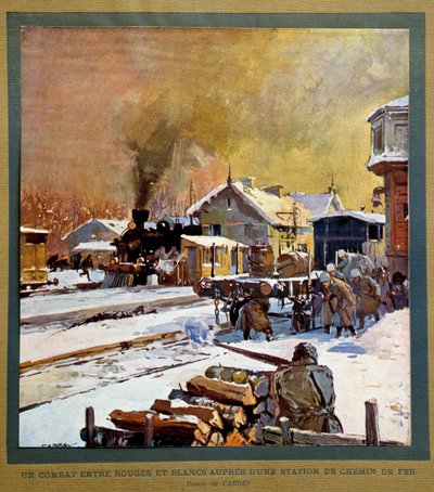 Russian Revolution of 1917: Battle Between White and Red Men Near a Railway Station by Georges Carrey