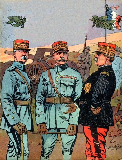 Marechal Joseph Jacques Cesaire Joffre, Marechal Ferdinand Foch and Marechal Philippe Petain, the great liberators of France during the First World War (Illustration by Georges Conrad) by Georges Conrad