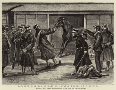 Japanese Soldiers Detraining Cavalry Horses at Hiroshima by Georges Ferdinand Bigot