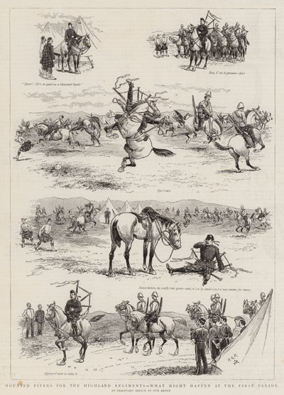 Mounted Pipers for the Highland Regiments, what might happen at the First Parade by Georges Ferdinand Bigot