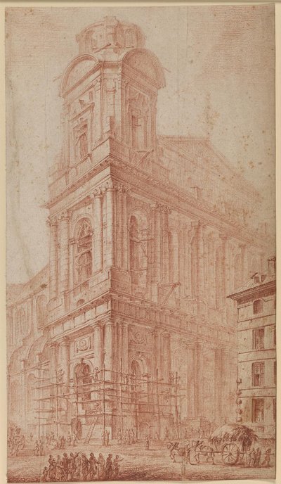 The Facade of S. Sulpice Near Completion - to the Right, a Cart in Front of a No Longer Existing House; in the Foreground Onlookers by Georges François Blondel