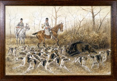 Pack of dogs around a wild boar in a hunting (drawing by Georges La Roque, c. 1900) by Georges La Roque