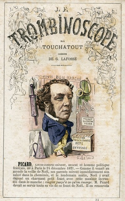 Ernest Picard (1821-1877) - illustration from "Le Trombinoscope", a satirical political periodical by Leon-Charles Bienvenu, known as Touchatout monography N. 23, Imprimerie Vallee, Paris, Feb 1872 by Georges Lafosse