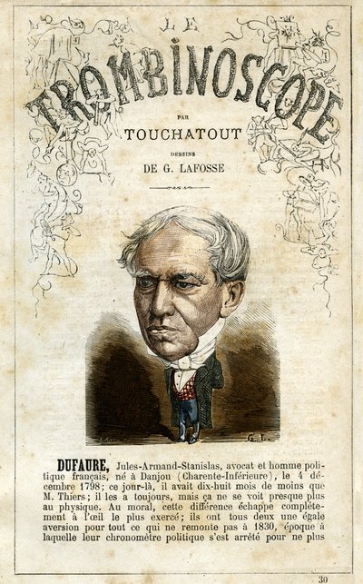 Jules Armand Dufaure (1798-1881) - illustration from "Le Trombinoscope", a satirical political periodical by Leon-Charles Bienvenu, known as Touchatout monography N. 30, Paris, March 1872 by Georges Lafosse