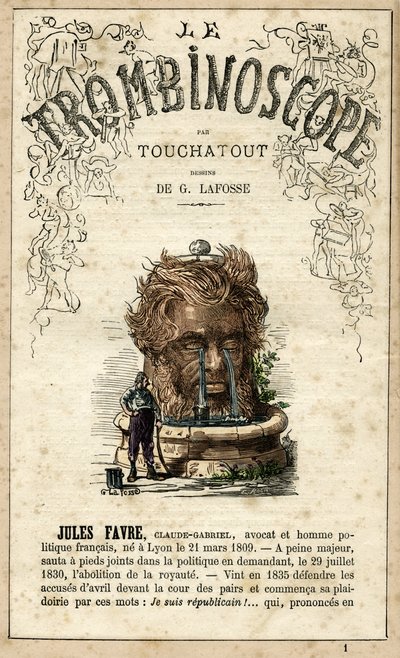 Jules Favre (1809-1880) illustration from "Le Trombinoscope", a satirical political periodical by Leon-Charles Bienvenu, known as Touchatout monography N. 1, Paris by Georges Lafosse