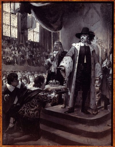 Oliver Cromwell (1599-1658) refusing the crown The Lord Protector of the Republic of Great Britain was proposed the crown by the Humble Petition and Advice (New Parliament) in 1658. Grisaille on wood by Georges Antoine Rochegrosse (1859-1938) 19th century by Georges Marie Rochegrosse