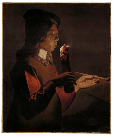 A Young Boy with a Pipe, Blowing on a Firebrand by Georges de La Tour