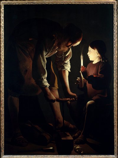 Saint Joseph Carpenter, Jesus Child Holds a Candle to Light His Father Joseph at Work by Georges de La Tour