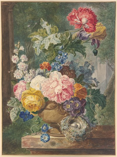 Bouquet of Flowers in a Vase, with a Bird