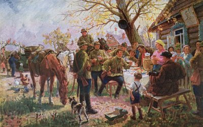 Soldiers of the Red Army on manoeuvre receive a welcome and rest at a Kolkhoze by Georgiy Konstantinovich Savitsky