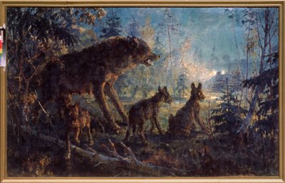 A Meeting in the Wood (Wolf and Her Cubs Facing a Tractor at Night) - Painting by George Konstantinovich Savitsky (1887-1949) by Georgiy Konstantinovich Savitsky