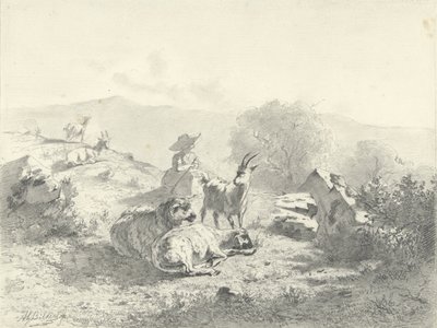 Shepherdess with Goats and Sheep in a Mountainous Landscape by Gerard Bilders