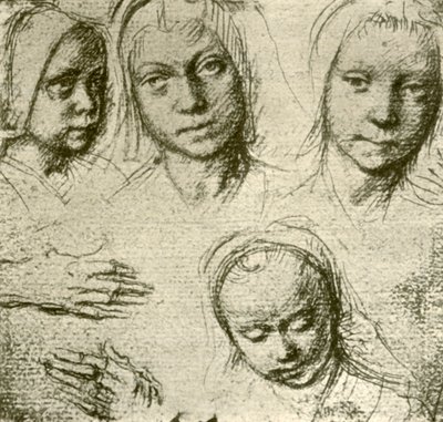 Four Heads of a Young Girl and Two Hands by Gerard David