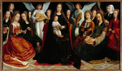 The Virgin Between the Saints. Before: Saint Dorothee, Saint Catherine, Saint Agnes, Saint Fausta, Saint Apollo (or Apollonia), Saint Godeline, Saint Cecile, Saint Barbe, Saint Lucia. At the Back: Gerard David and His Wife Cornelie and Two Musicians Angels by Gerard David
