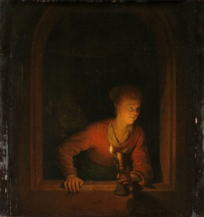 Girl with an Oil Lamp at a Window by Gerrit Dou