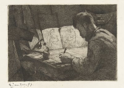 Self-Portrait at the Drawing Table by Gerard Jan Bos (signed by artist)