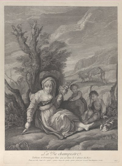 A country woman sitting in landscape with two boys at her side by Gerard Jean Baptiste Scotin