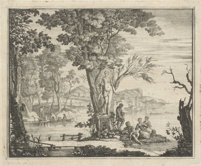 River Landscape with Anglers by a Statue of Venus by Gerard Melder
