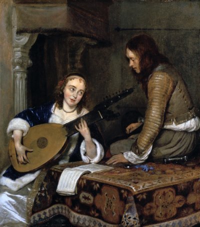 A Woman Playing the Theorbo-Lute and a Cavalier, c1658 by Gerard Terborch II
