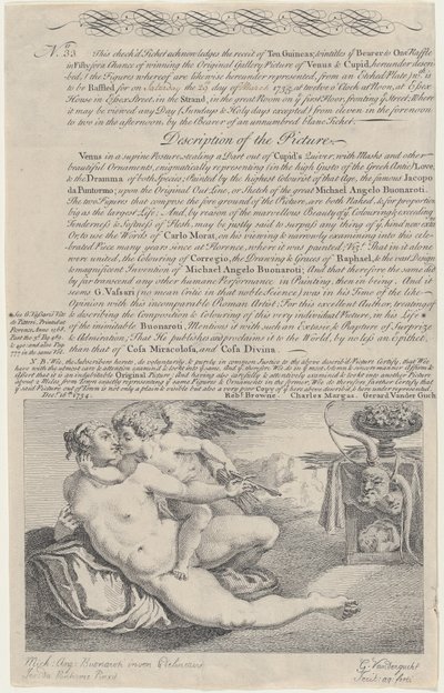 Raffle Ticket for the Painting of Venus and Cupid after Michelangelo by Gerard Vandergucht