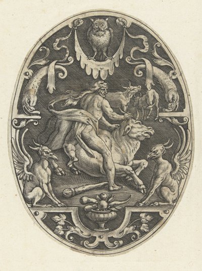 Hercules Captures the Cretan Bull (series title: Oval Decorations with the Deeds of Hercules in Grotesques) by Gerard de Jode