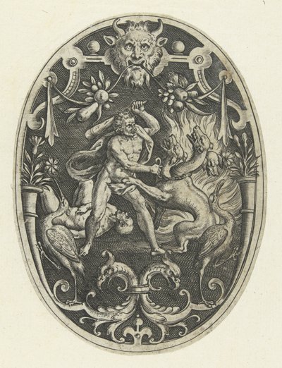 Flat Decoration: Hercules Kills the Monster Geryon (Oval Flat Decorations with the Deeds of Hercules in Grotesques) by Gerard de Jode