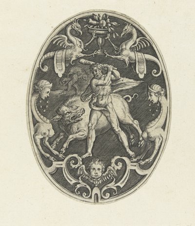 Flat Decoration: Hercules Captures the Erymanthian Boar (Oval Flat Decorations with the Deeds of Hercules in Grotesques series) by Gerard de Jode