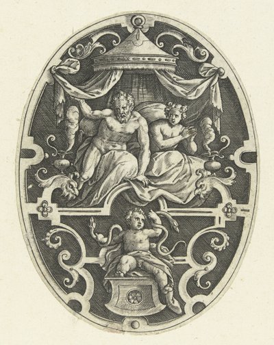 Flat Decoration: Hercules Strangles the Two Snakes in His Cradle (Oval Flat Decorations with the Deeds of Hercules in Grotesques) by Gerard de Jode