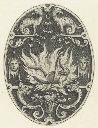 Flat Decoration: The Death of Hercules (series title: Oval Decorations with the Deeds of Hercules in Grotesques) by Gerard de Jode