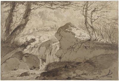 Mountain Landscape with Waterfall Among Trees, Along Which a Shepherd Leads His Flock by Gerard van Nijmegen