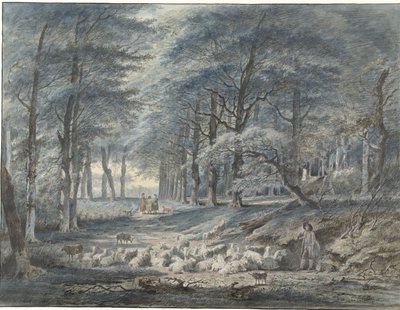Forest View with a Shepherd and Sheep and Three Figures by Gerard van Nijmegen