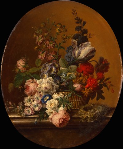 Still Life of Flowers in a Basket with a Dunnock