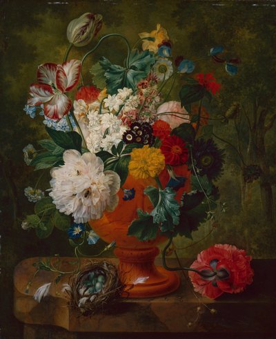 Summer Flowers in an Urn with a Bird Nest on a Marble Ledge by Gerard van Spaendonck